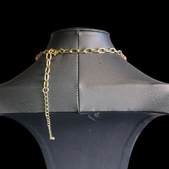 Bold Red & Pink Beaded Statement Necklace - Gold-Tone Chain, Teardrop Dangles - Picture 3 of 7